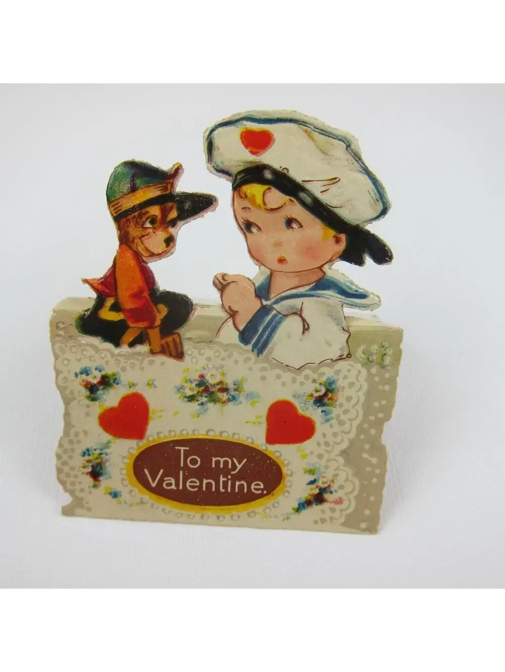 Vintage Valentine Card Cutout Stand Up Boy Sailor Cap & Dog Bavaria UNSIGNED